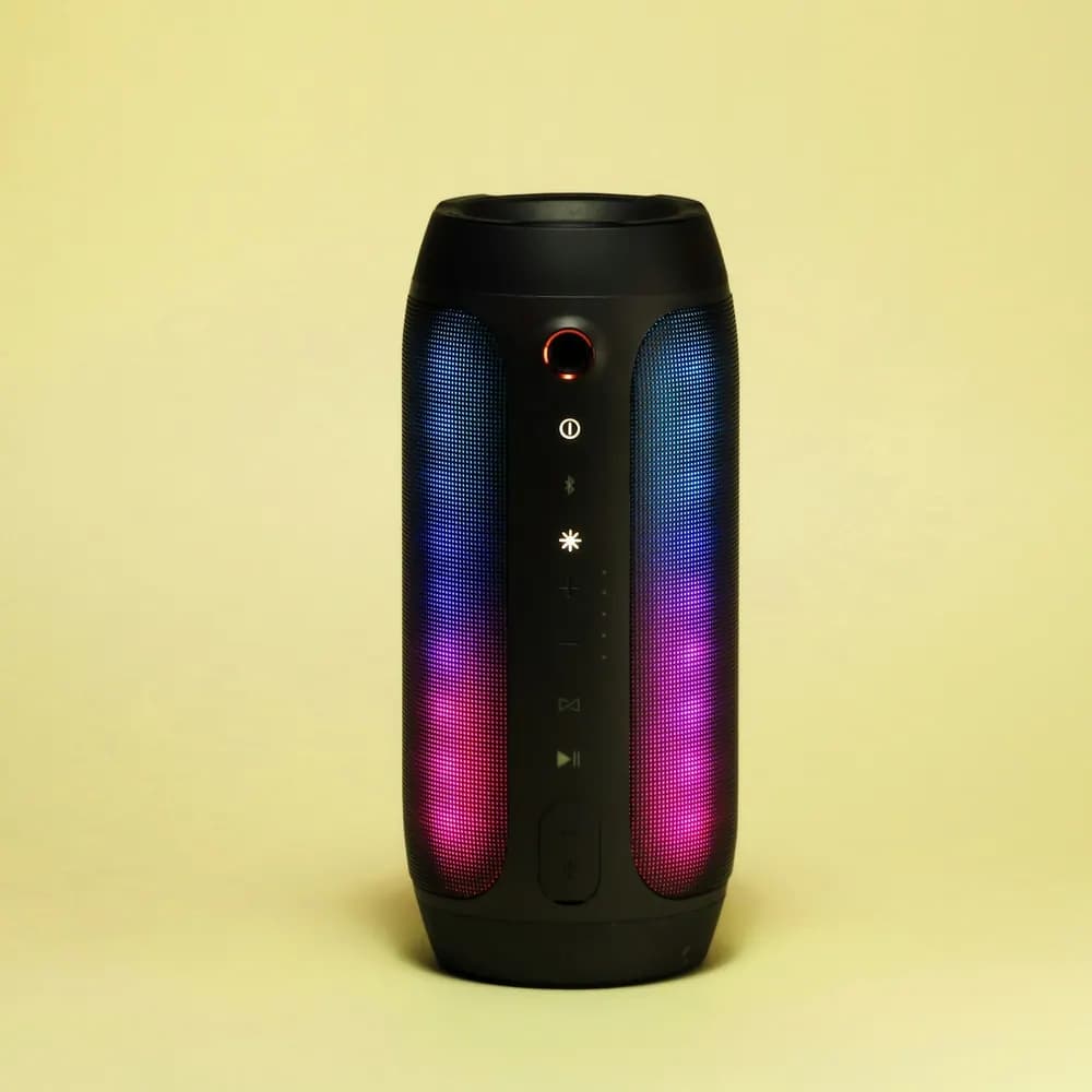 Aurora Canopy portable Bluetooth speaker standing upright with its light ring lit