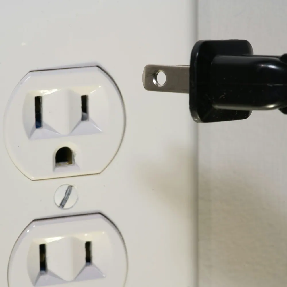 Palmwood Pulse Matter smart plug beside a standard US wall outlet
